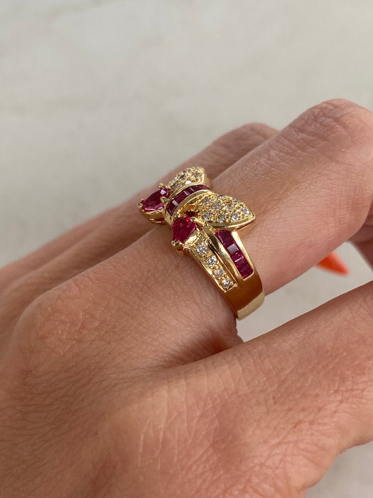 Vintage 18K Gold Ruby & Diamond Bow Butterfly Ring | 1.37 TCW Rubies | Size 6