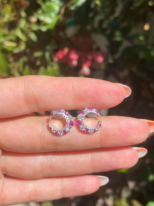 18k white gold diamond ruby crescent moon stud earrings