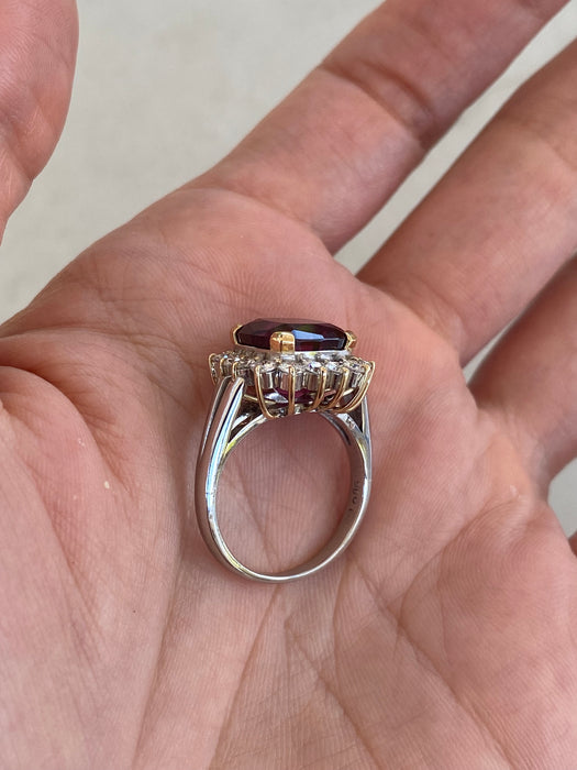 Vintage 18K & Platinum 900 Cushion-Cut Rhodolite Garnet & Diamond Ring