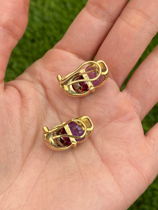 Vintage 14k Gold Amethyst & Garnet Moon Cut Diamond Earrings
