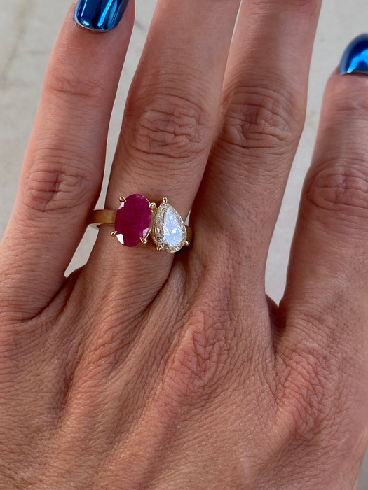 14K Gold Ruby & Pear Diamond Ring – 1 Carat Oval Ruby, 1 Carat Pear Lab Diamond, Size 4.75