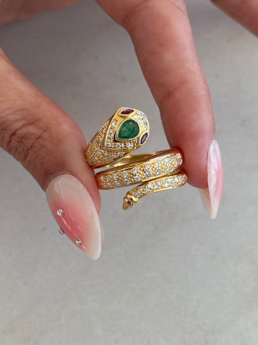 18K Gold Ruby, Emerald & Diamond Snake Ring