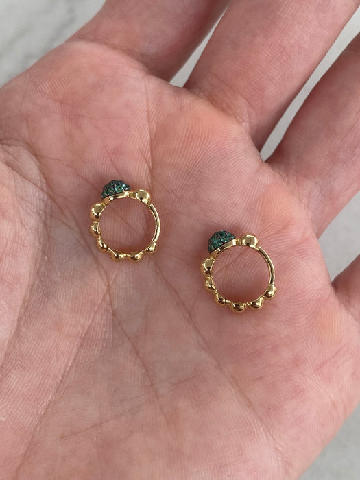 14K Gold Emerald Beaded Huggie Earrings