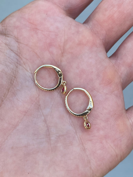 14K Gold Diamond Ruby Leverback Huggie Earrings