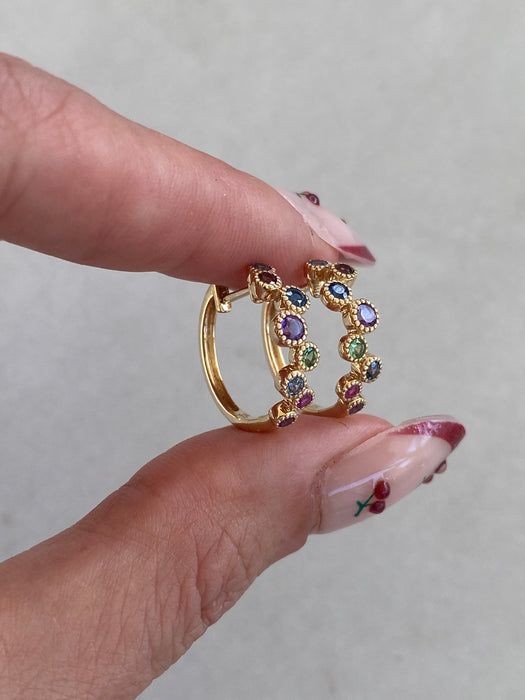14K Rainbow Gemstone Bezel Huggie Earrings