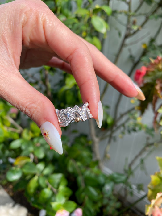 Vintage 18K White Gold Diamond Love Ring with Rose Gold Heart