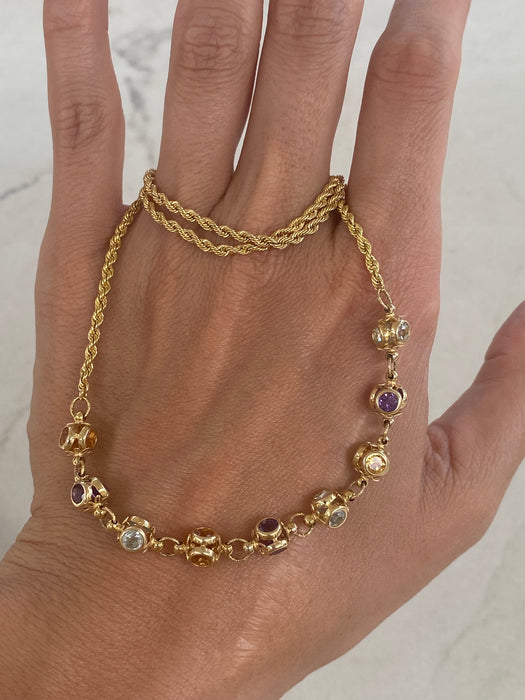 Vintage 14K Gold Rope Chain with Multi-Color Gemstone Charms