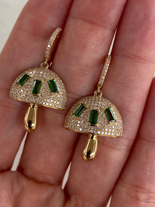14K Gold Diamond & Tsavorite Garnet Mushroom Huggie Earrings | 1.00 CTW Diamonds
