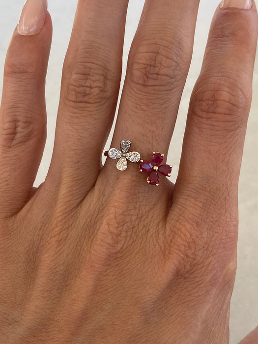 14K Rose Gold Ruby & Diamond Flower Ring