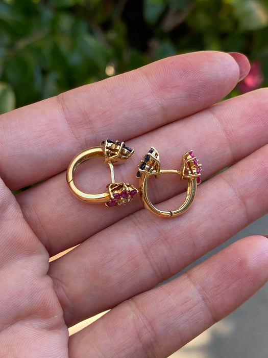 Vintage 18K Ruby Sapphire Diamond Flower Huggie Earrings