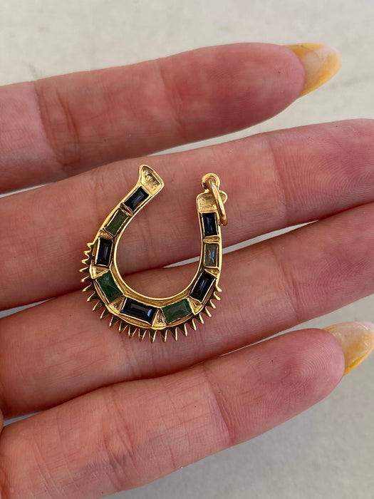14K Gold Emerald Blue Sapphire Horseshoe Charm