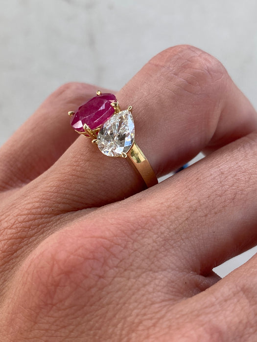 14K Gold Ruby & Pear Diamond Ring – 1 Carat Oval Ruby, 1 Carat Pear Lab Diamond, Size 4.75