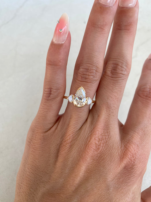 14K Gold Pear-Cut Lab Diamond Ring with Heart Side Stones