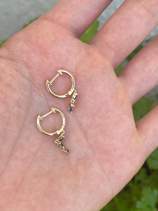 14K Gold Diamond Huggie Earrings with Blue Sapphire Dangle Charms