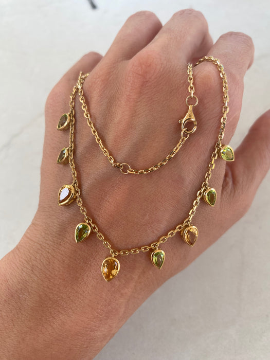 14K Solid Gold Peridot & Citrine Station Chain Necklace
