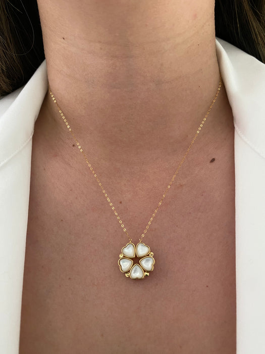 18k mother of pearl heart clover necklace