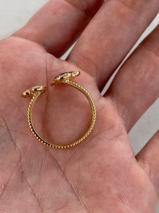 14K Yellow Gold Diamond & Ombre Pink Sapphire Double Heart Croissant Ring