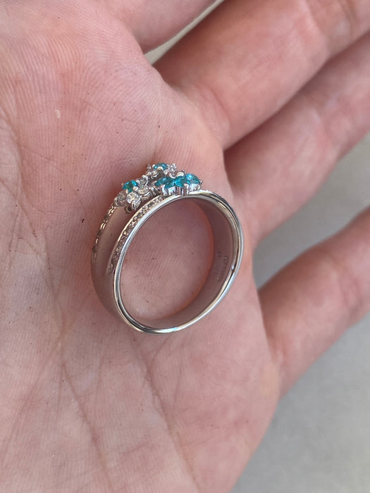 Vintage 14K White Gold Paraiba Tourmaline & Diamond Flower Ring