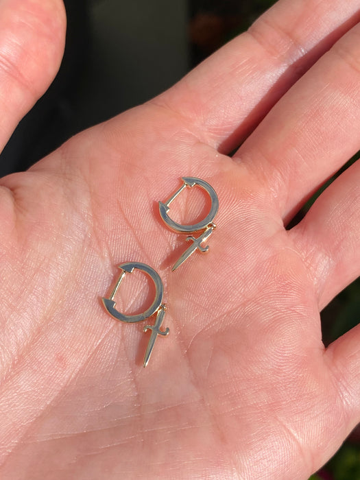 14K Natural Diamond Dagger Sword Huggie Earrings