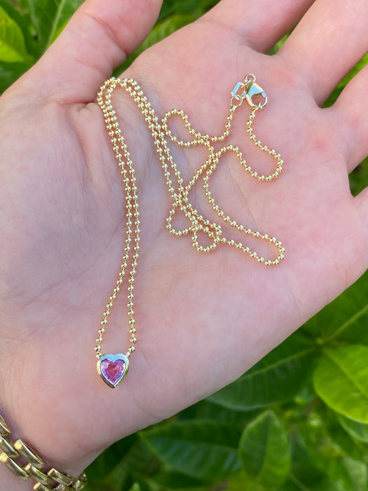 14k bead chain with bezel set pink sapphire heart necklace 18”