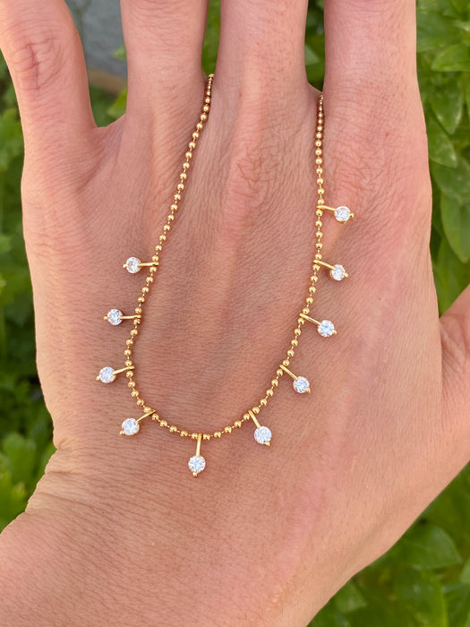 Vintage 18K Gold Bead Necklace with 0.9 TCW Diamond Charms