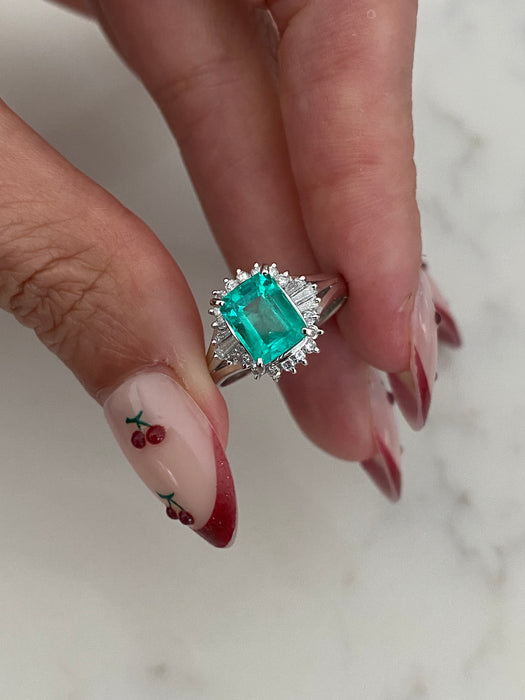 Vintage Platinum 900 GIA Colombian Emerald & Diamond Ballerina Ring | 1.53 CT Emerald | Size 5.75