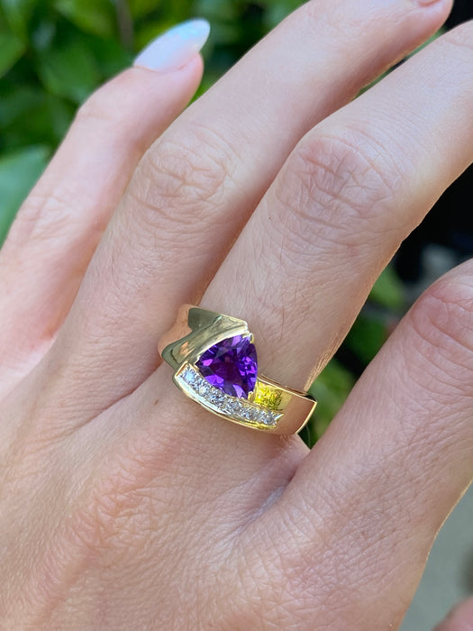 Vintage 14K Gold Trillion Amethyst Diamond Ring – Size 6.5