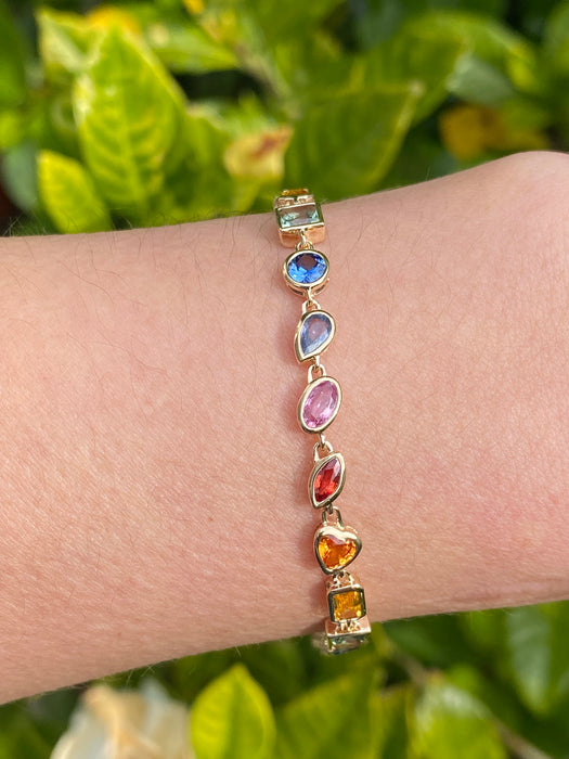 14k fancy cut rainbow sapphire tennis bracelet 8”