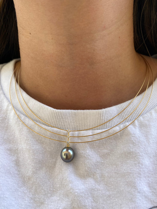 Vintage 18K Gold Triple Omega Black Pearl Diamond Necklace 16”