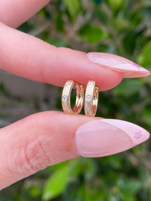14K Gold Brushed Diamond Huggie Earrings