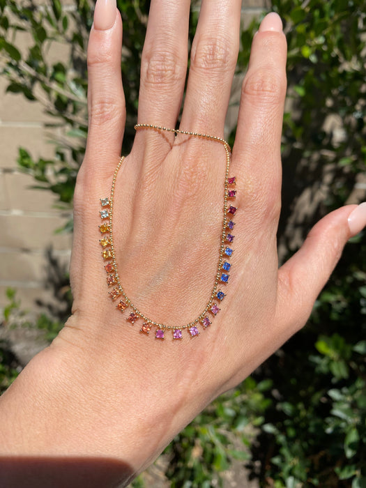 14K Gold Rainbow Sapphire Bead Necklace | 5 CTW Princess Cut Dangling Sapphires Adjustable 16-18”