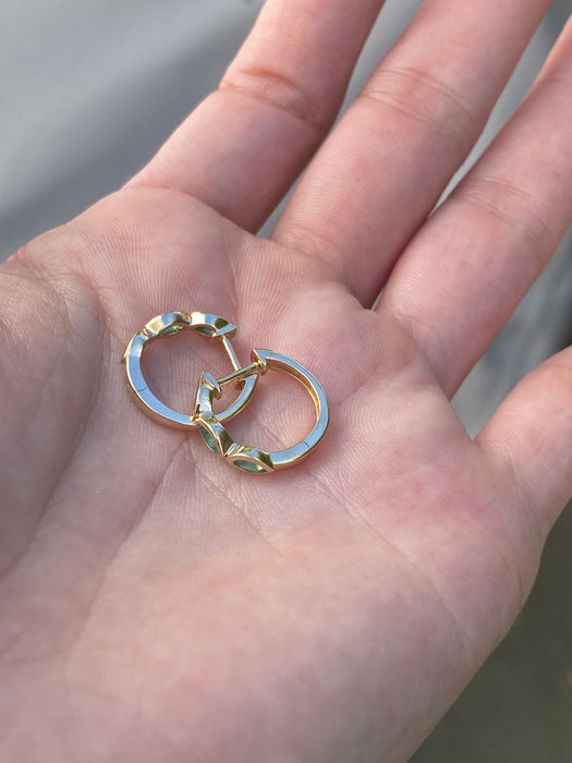 14k bezel set marquise green agate huggie earrings