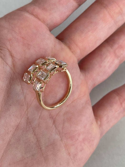 14K Open Bypass Emerald & Asscher Cut Lab Diamond Ring