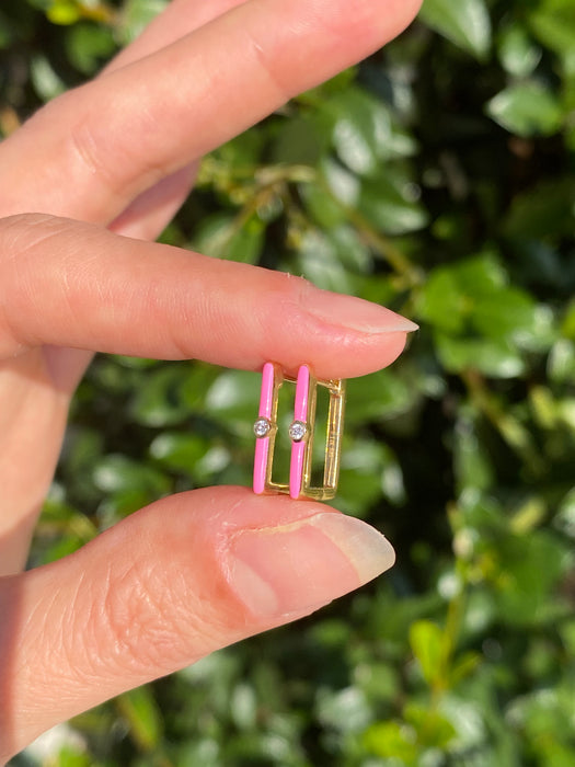 14k pink enamel diamond rectangular huggie earrings