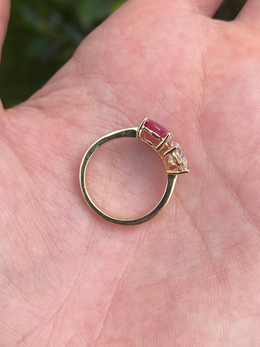 14K Gold Ruby & Pear Diamond Ring – 1 Carat Oval Ruby, 1 Carat Pear Lab Diamond, Size 4.75
