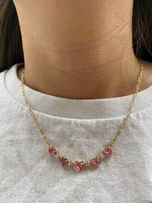 14K Gold Pink Sapphire Heart & Diamond Paperclip Necklace – 2.20 TCW Pink Sapphires