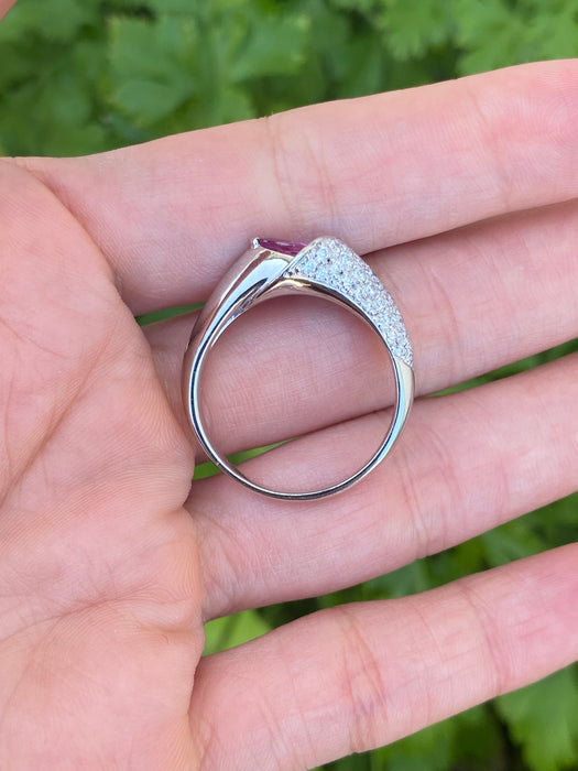 Vintage Platinum 900 Pink Sapphire Pear Ring with Diamonds – Size 10.25