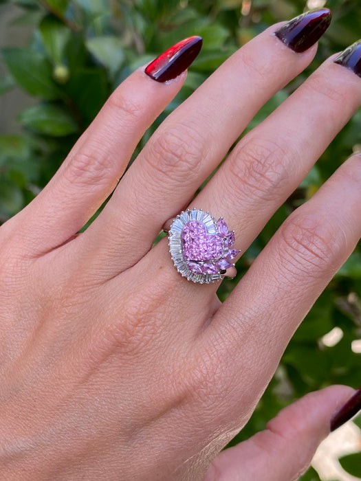 18k white gold invisible set pink sapphire heart diamond ring size 6