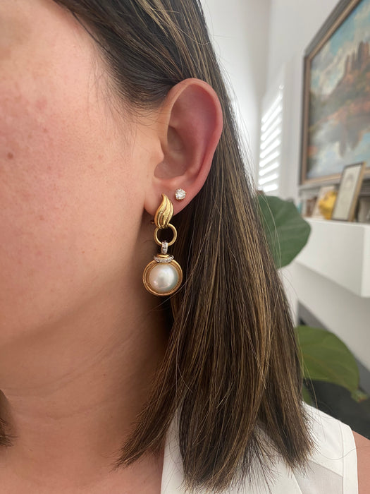 Vintage 14K Diamond & Mabe Pearl Omega Back Earrings