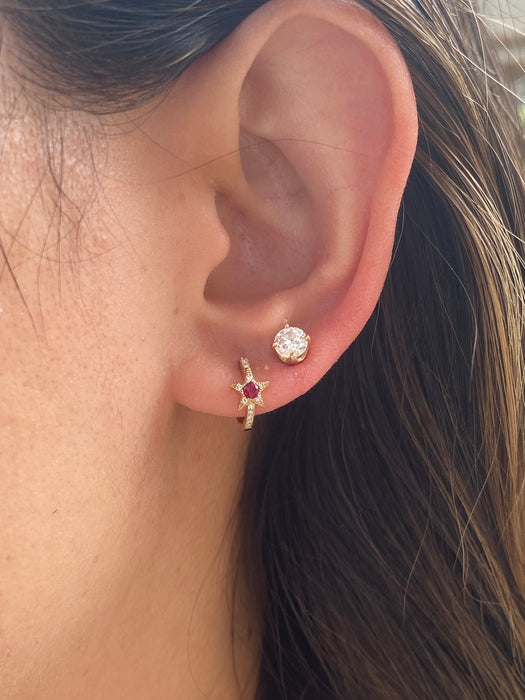 14K Gold Diamond & Ruby Star Huggie Earrings