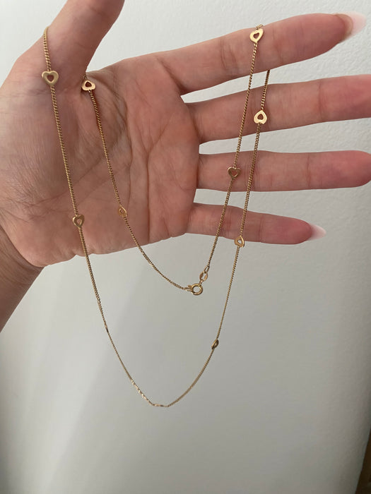 14K Vintage Curb Chain Necklace with Heart Stations – 24”