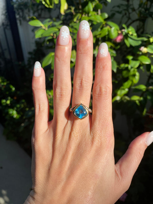 Vintage 14K Gold Sky Blue Topaz & Diamond Bezel Set Ring – Size 7.5