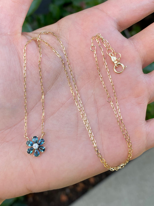 14K Gold Mini Paperclip Chain Necklace with London Blue Topaz Diamond Flower Charm