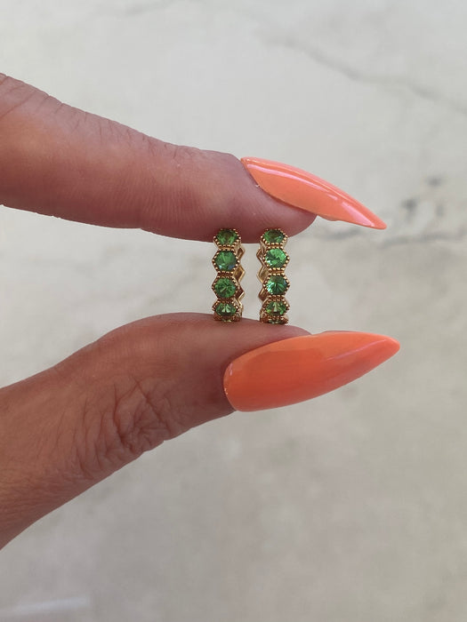 14K Gold Hexagon Tsavorite Garnet Huggie Earrings