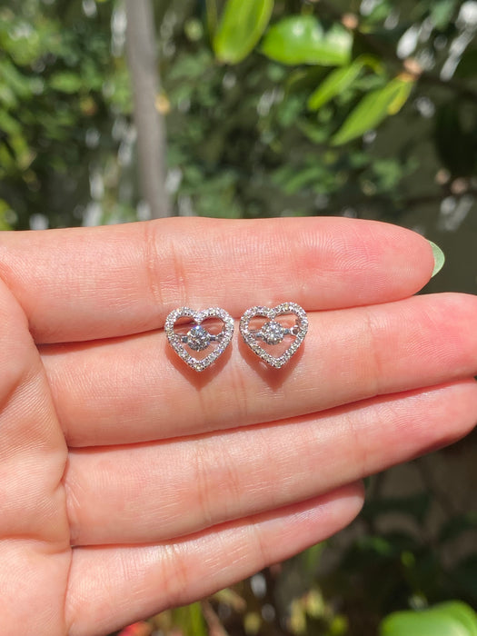 14k white gold diamond heart dancing stud earrings