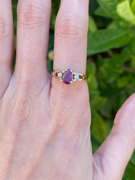 14k pear cut ruby and diamond ring size 5.75