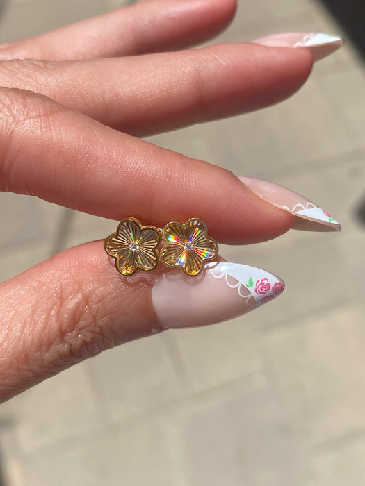 14K Fluted Rainbow Flower Diamond Stud Earrings