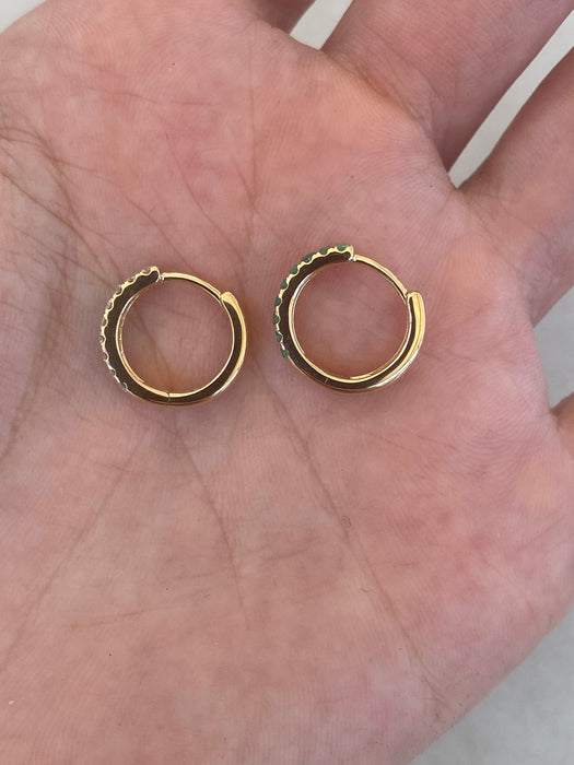 14K Natural Emerald & Diamond Huggie Earrings