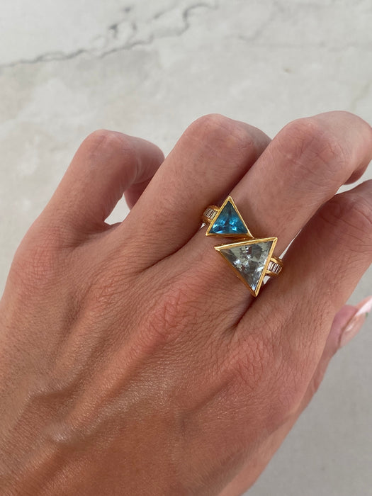 Vintage 18K Gold Trillion Topaz Aquamarine Diamond Ring
