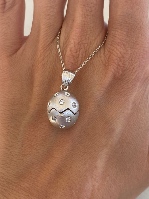 Vintage 18K White Gold Diamond Egg Charm Pendant – Opening Locket w/ Zircon Drop, 0.90 TCW
